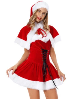 Women's Christmas Tunic Coffee Brown Hat Cloak Dress Polyester Christmas Holidays Costumes -Christmas Costumes Store 202211241332509862624