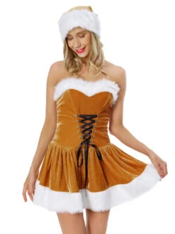 Women's Christmas Tunic Coffee Brown Hat Cloak Dress Polyester Christmas Holidays Costumes -Christmas Costumes Store 202211241332525643210