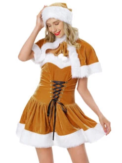Women's Christmas Tunic Coffee Brown Hat Cloak Dress Polyester Christmas Holidays Costumes -Christmas Costumes Store 202211241332528771444