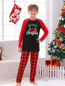 Christmas Matching Family Pajamas Kid's Toddler's Plaid Christmas Pattern Pants Top Sets -Christmas Costumes Store 202212081414275021687
