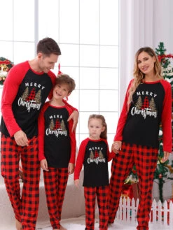 Christmas Matching Family Pajamas Kid's Toddler's Plaid Christmas Pattern Pants Top Sets -Christmas Costumes Store 202212081414290182766