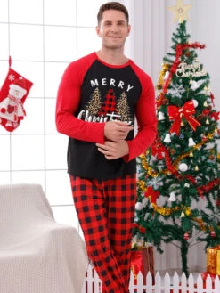 Christmas Matching Family Pajamas Kid's Toddler's Plaid Christmas Pattern Pants Top Sets -Christmas Costumes Store 202212081414421504704