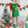 Christmas Tree Costume Women Green Dresses Outfit Pantyhose Sash Hat Set 4 Piece Halloween