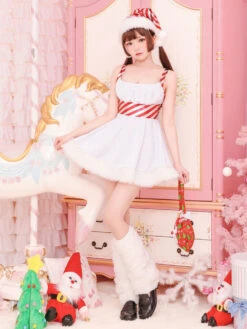 Christmas Santa Claus Costume White Dresses Hat Leg Warmer Outfit For Women Halloween