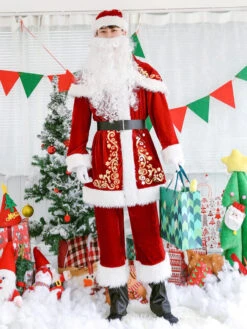 Christmas Santa Clause Costume Men Top Pants Beard Hat Cape Sash Shoe Cover Outfit 7 Piece Halloween